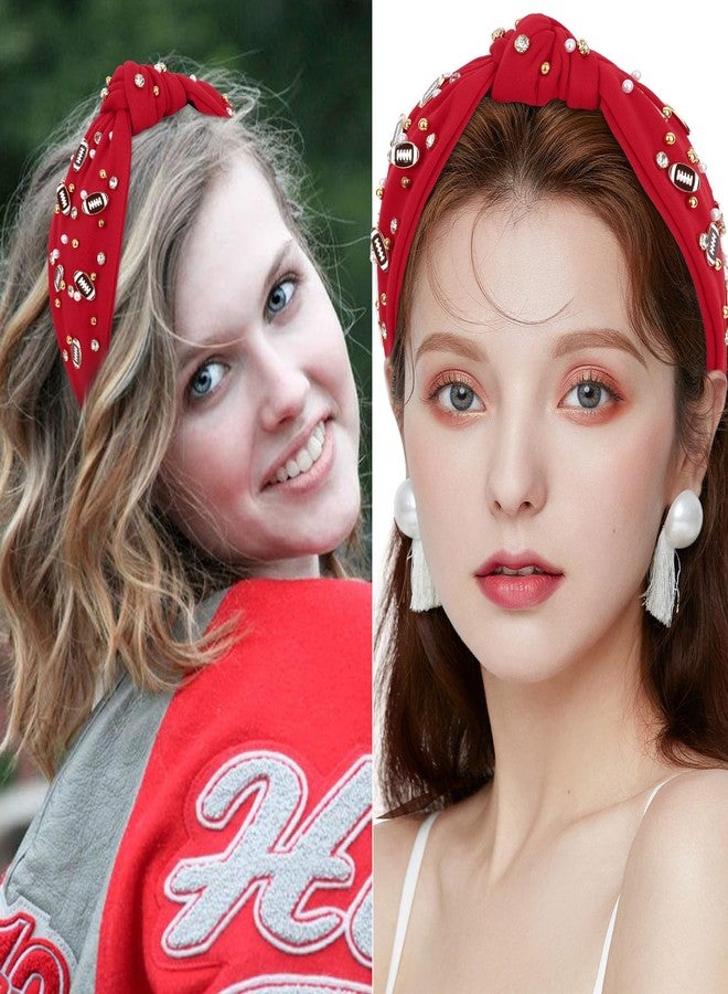 YARIEW Football Headband for Women Pearl Rhinestone Jeweled Knotted Headband Fashion Headband Wide Game Day Sports Hair Accessories Gift for Football Mom Fans Christmas (Red) - Image 2